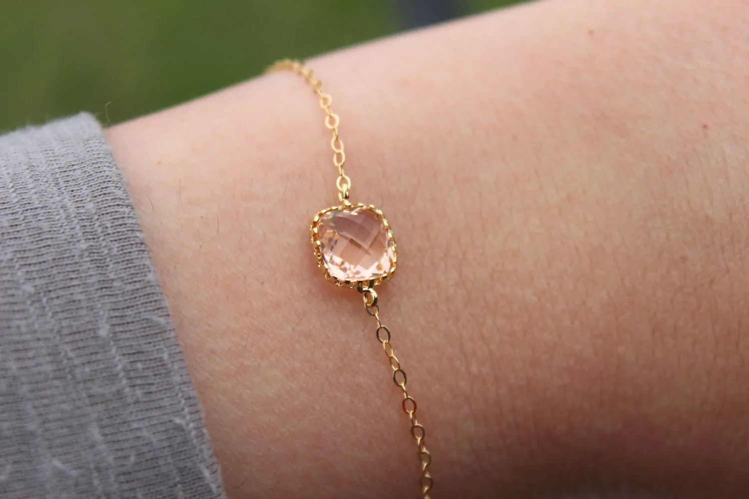 Dainty Blush Champagne Bracelet Square Gold Plated Peach Bracelet - Bridesmaid Bracelet - Bridal Bracelet Blush Champagne Wedding Jewelry