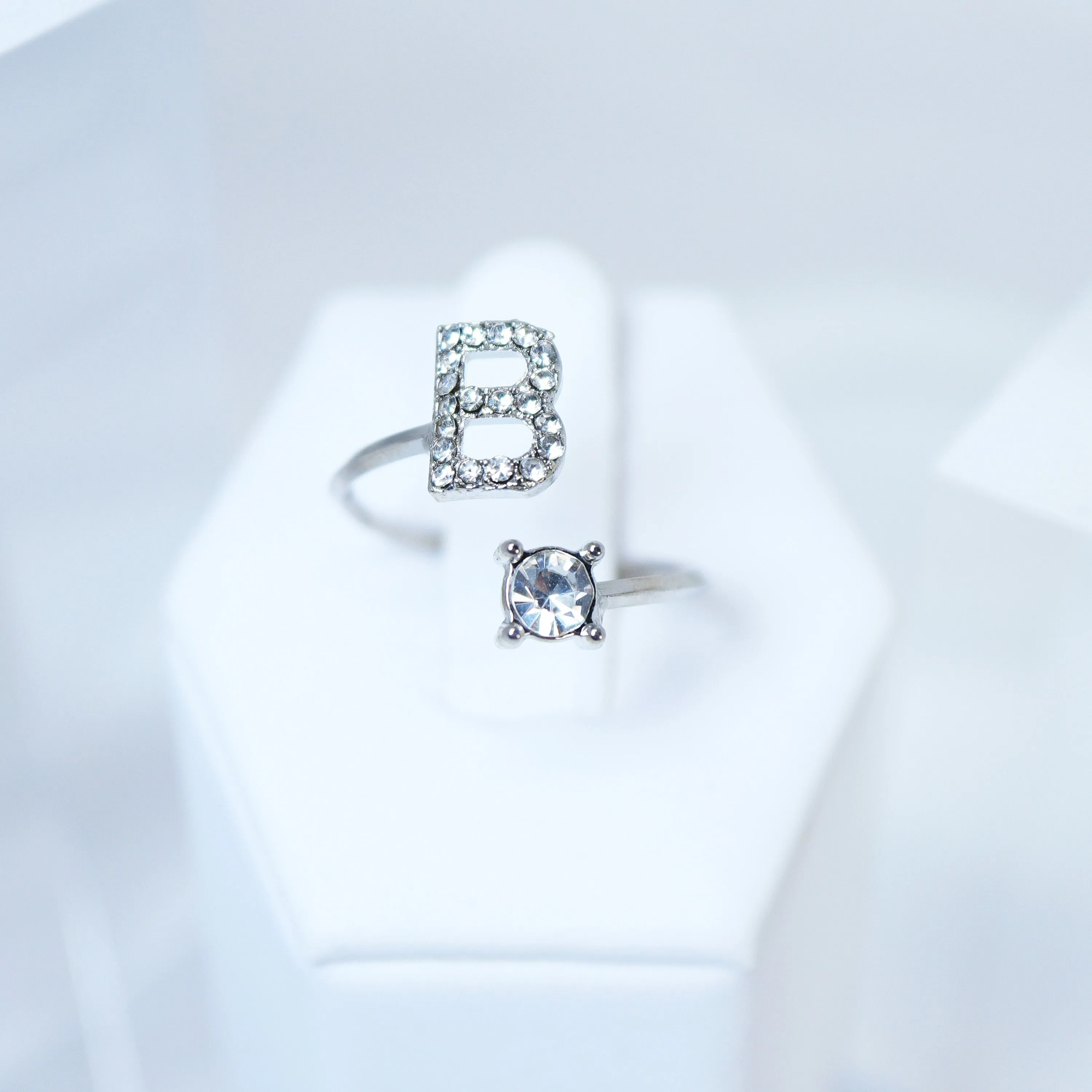 Dainty Crystal B Alphabet Statement Ring, Promise Ring For a Friend, Friendship ring.