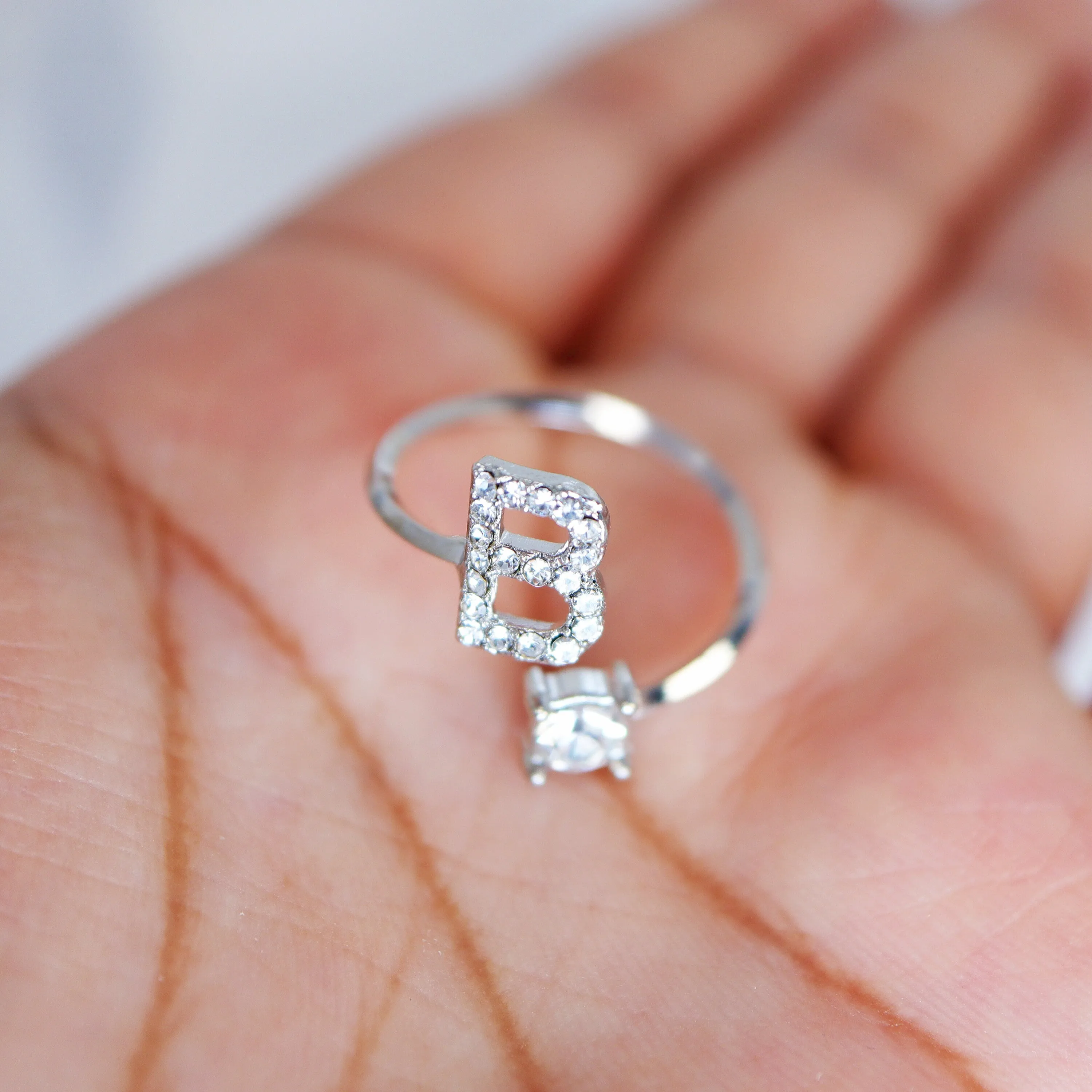 Dainty Crystal B Alphabet Statement Ring, Promise Ring For a Friend, Friendship ring.