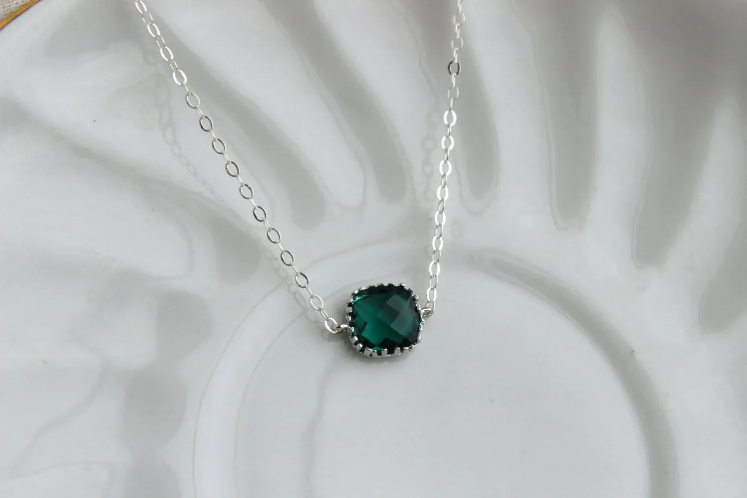 Dainty Emerald Green Necklace Sterling Silver Chain - Charm Necklace Green Bridesmaid Necklace Hunter Green Wedding Jewelry - Gift under 25