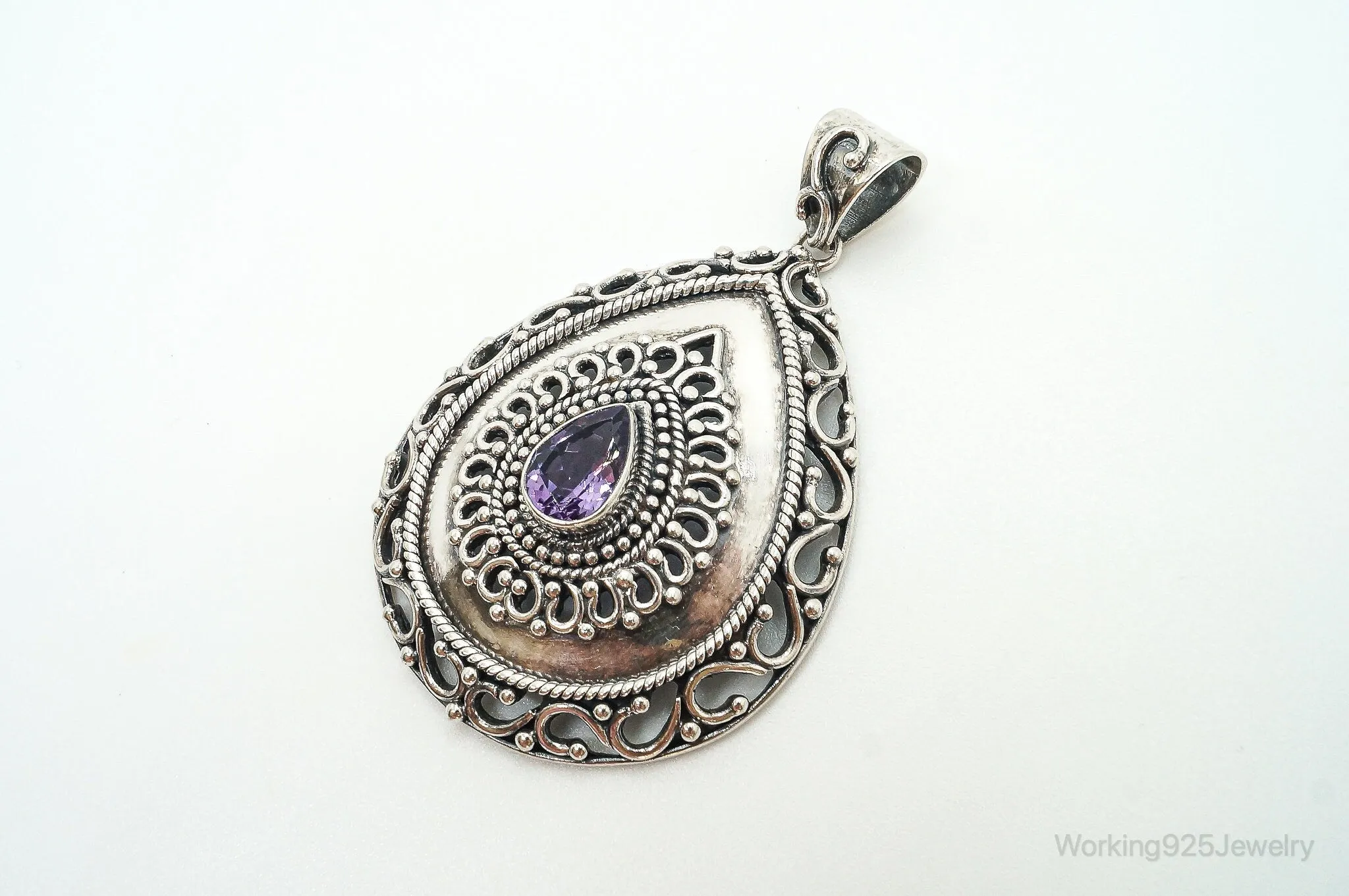 Designer Large Amethyst Bali Inspired Sterling Silver Pendant
