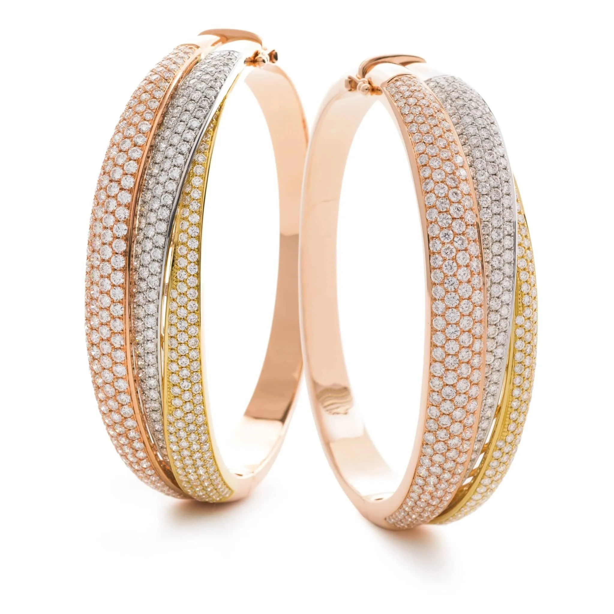 DIAMOND FIZED PAVE SETTING TRIPLE BAND BANGLE IN 18K THREE COLOUR GOLD