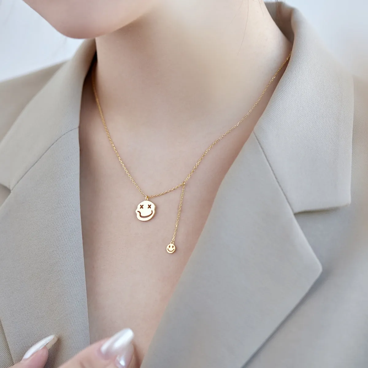 Double Happy Face Pendant Necklace - Gold