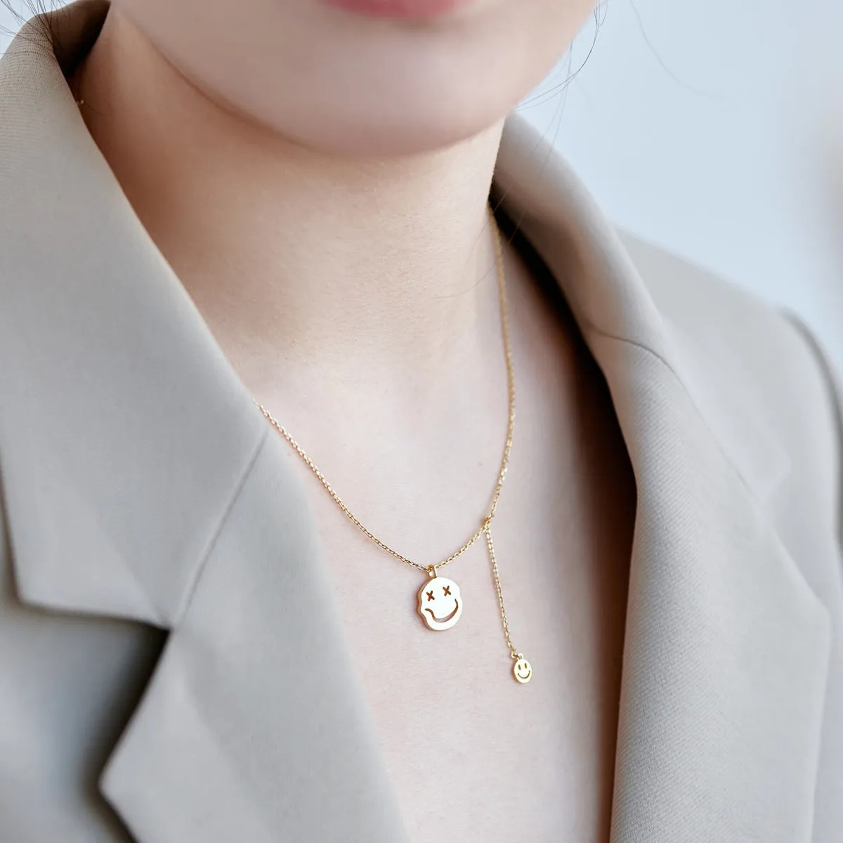 Double Happy Face Pendant Necklace - Gold