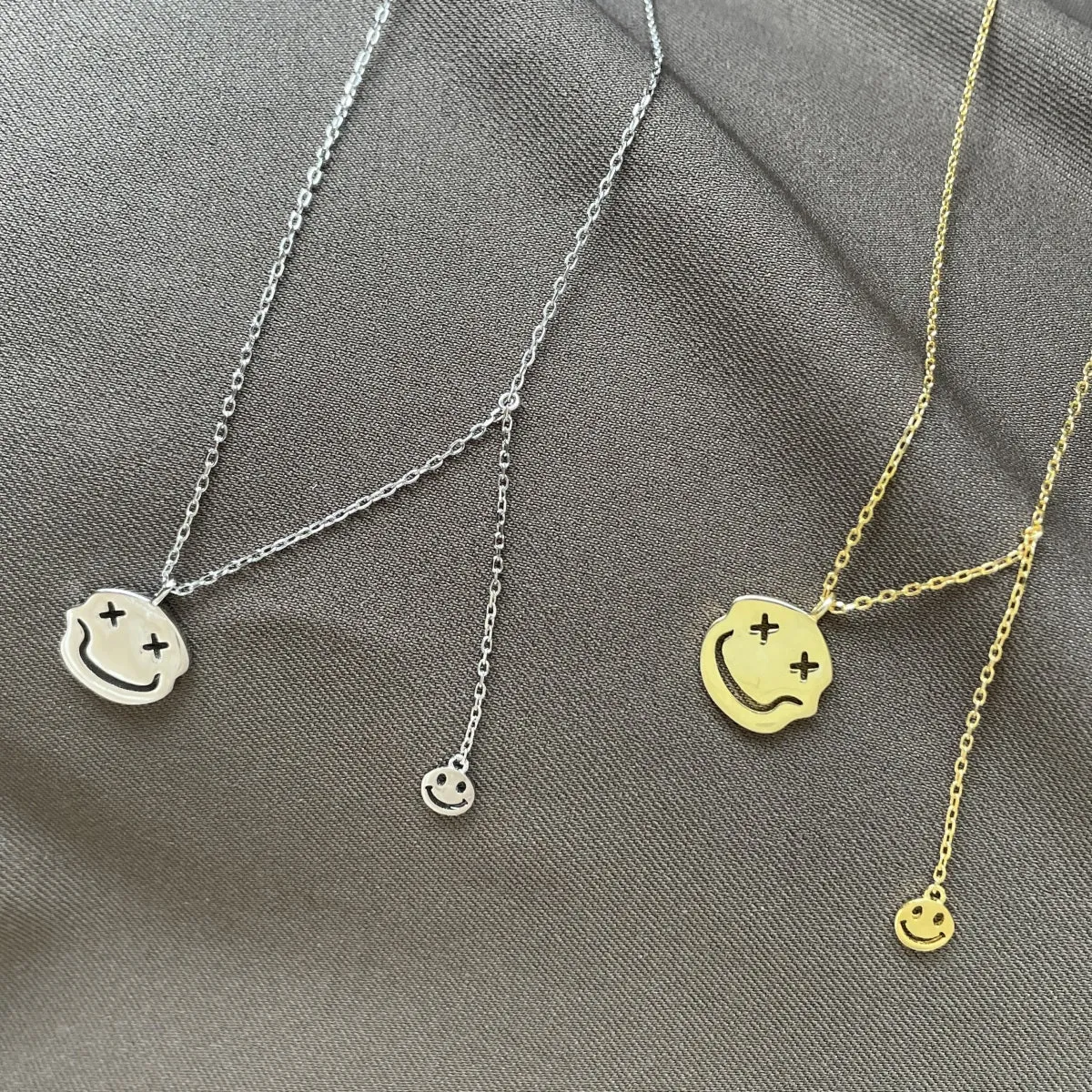 Double Happy Face Pendant Necklace - Gold