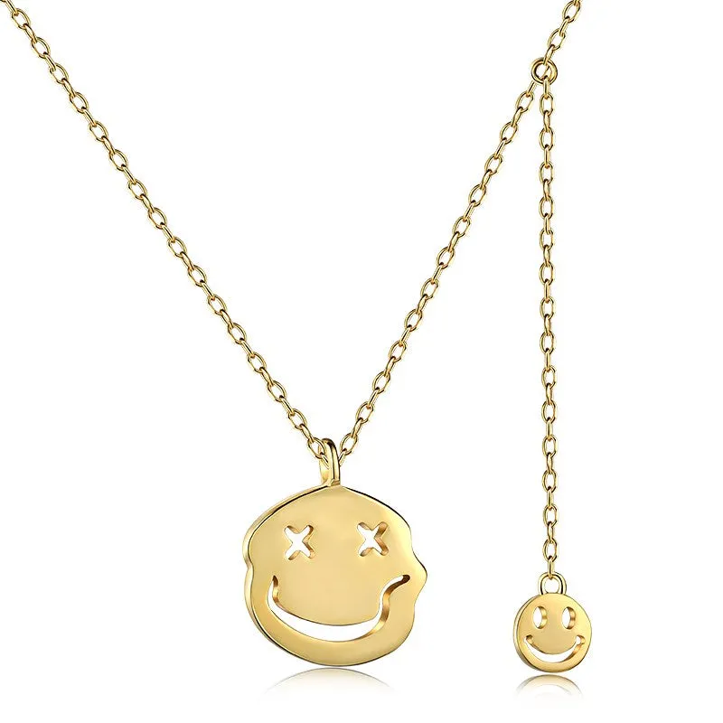 Double Happy Face Pendant Necklace - Gold