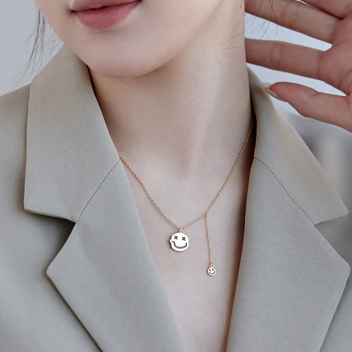 Double Happy Face Pendant Necklace - Gold
