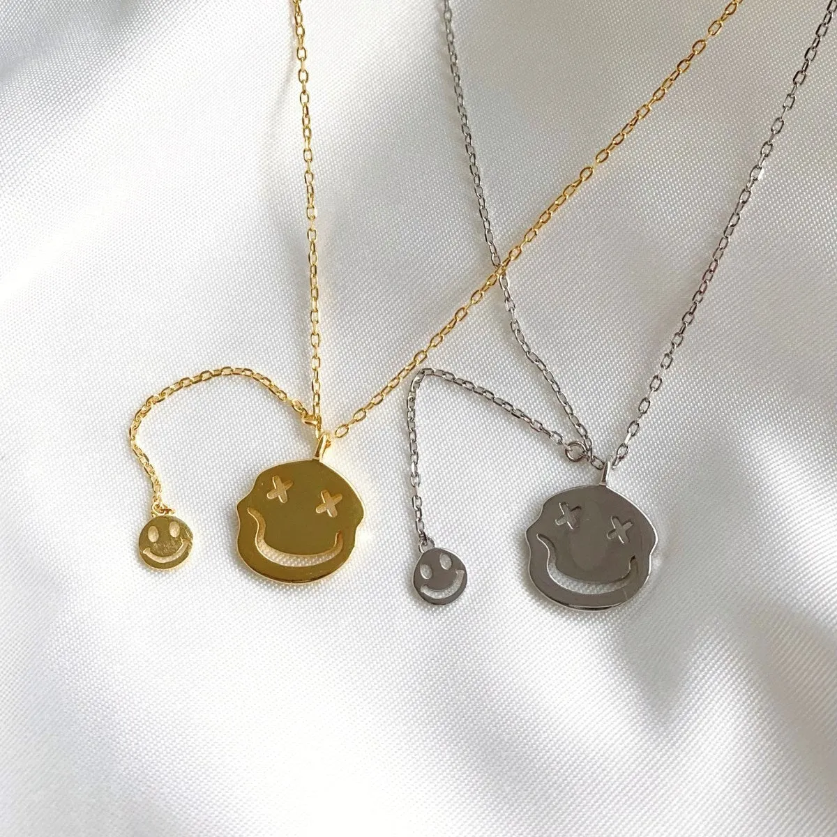Double Happy Face Pendant Necklace - Gold