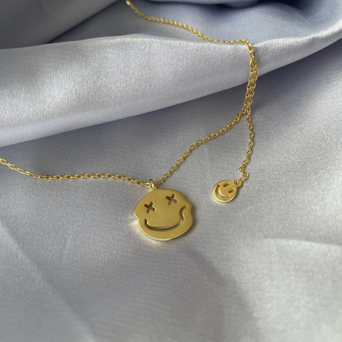 Double Happy Face Pendant Necklace - Gold