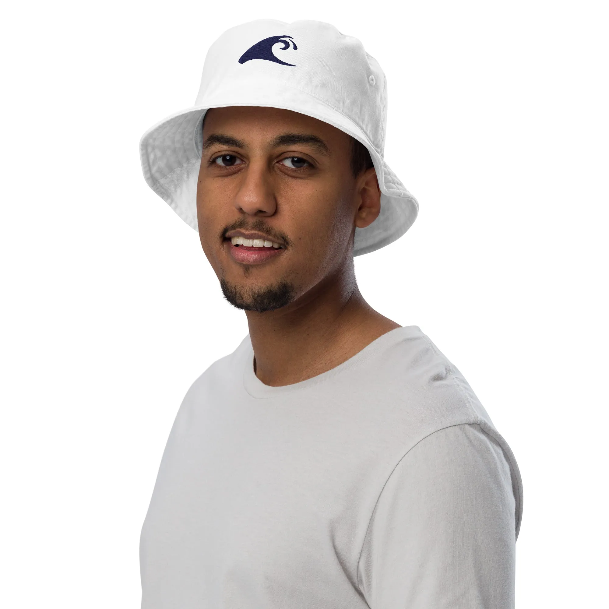 Extremely Stoked®️ Navy Blue Epic Wave Logo on White Organic Bucket Hat