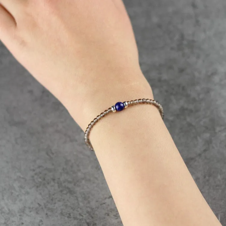 Faceted Smoky Quartz Lapis Lazuli Bead Bracelet Handmade Birthstone Jewelry Women