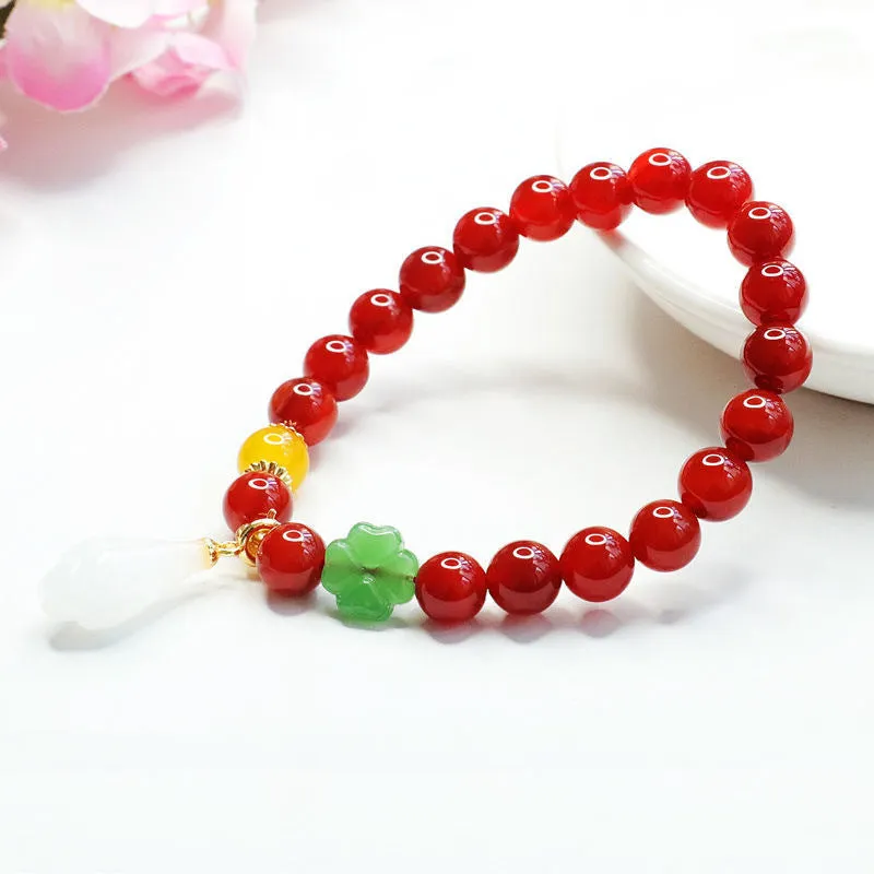 Fortune's Favor Sterling Silver Bracelet with Red Agate, Magnolia Flower Jade, and Chalcedony