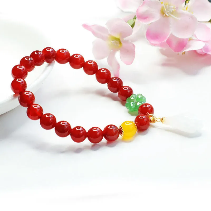Fortune's Favor Sterling Silver Bracelet with Red Agate, Magnolia Flower Jade, and Chalcedony