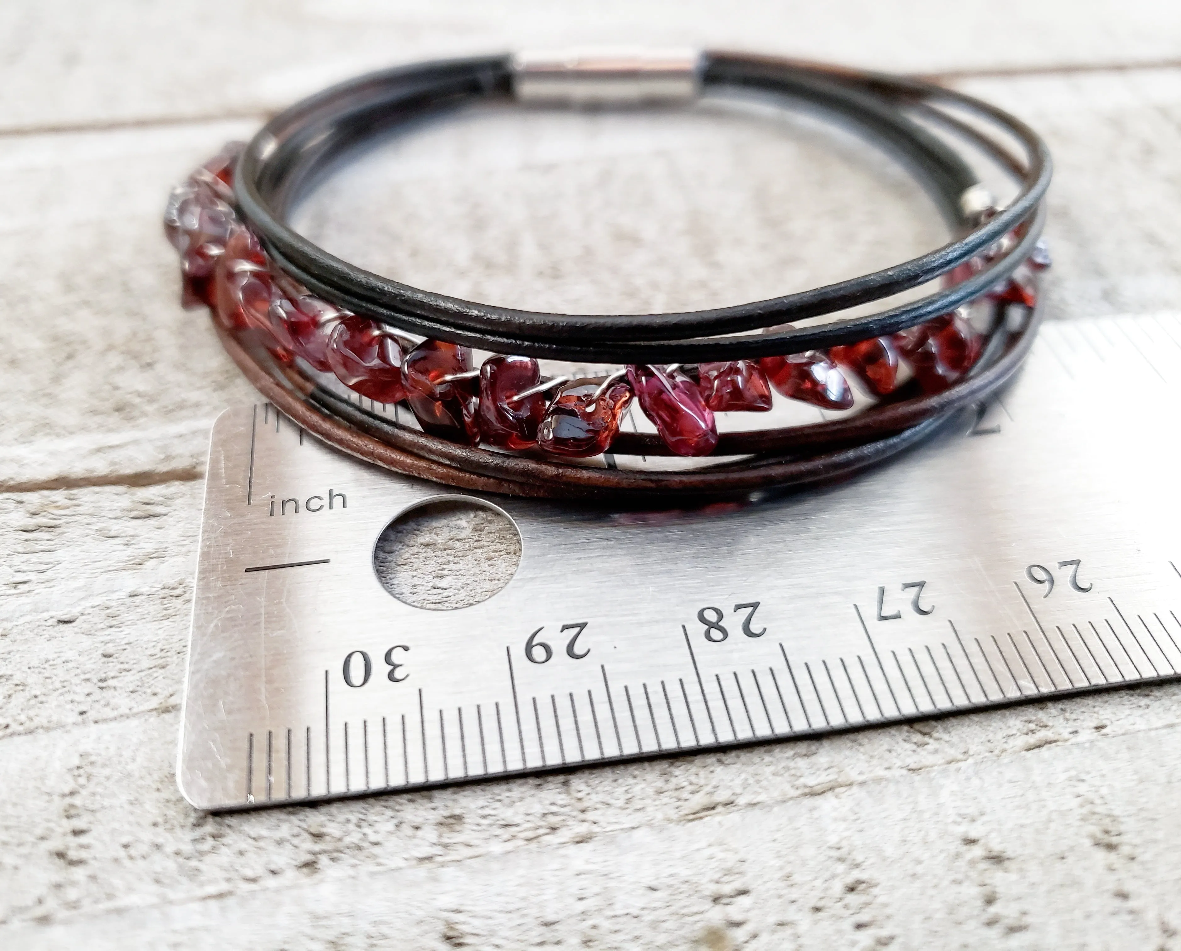 Garnet leather bracelet