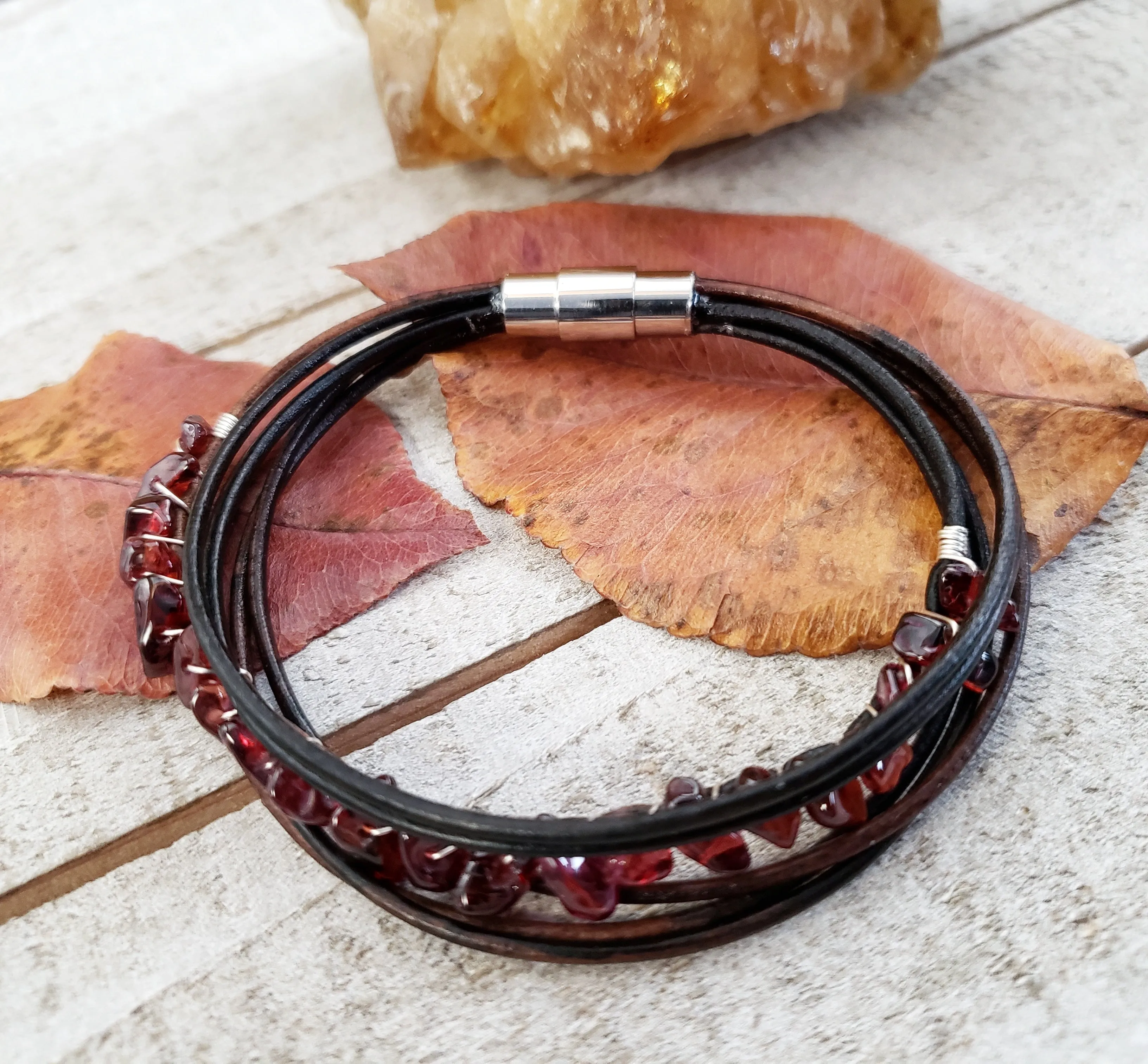 Garnet leather bracelet