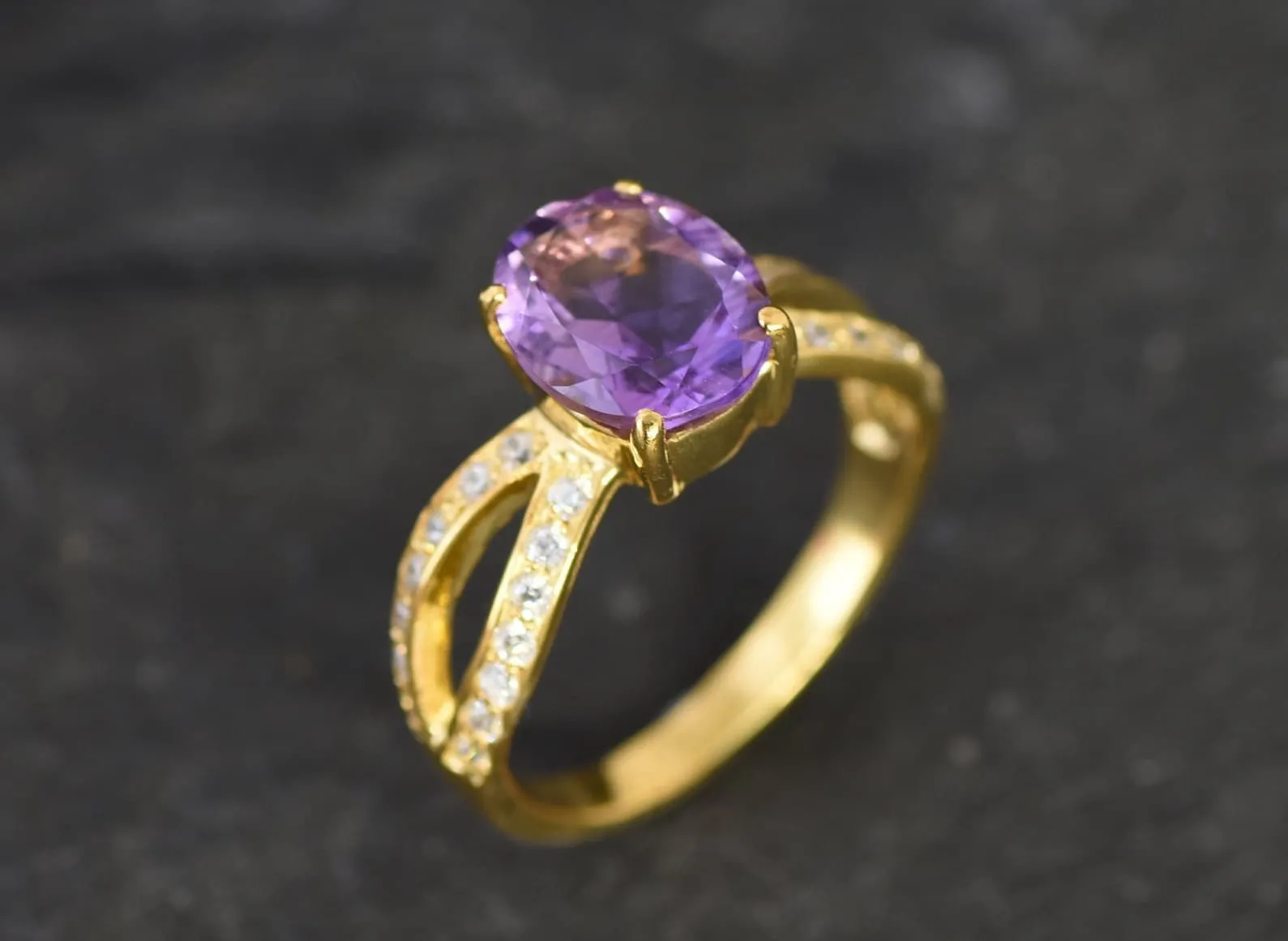 Gold Amethyst Ring - Vintage Amethyst Ring - Purple Solitaire Ring