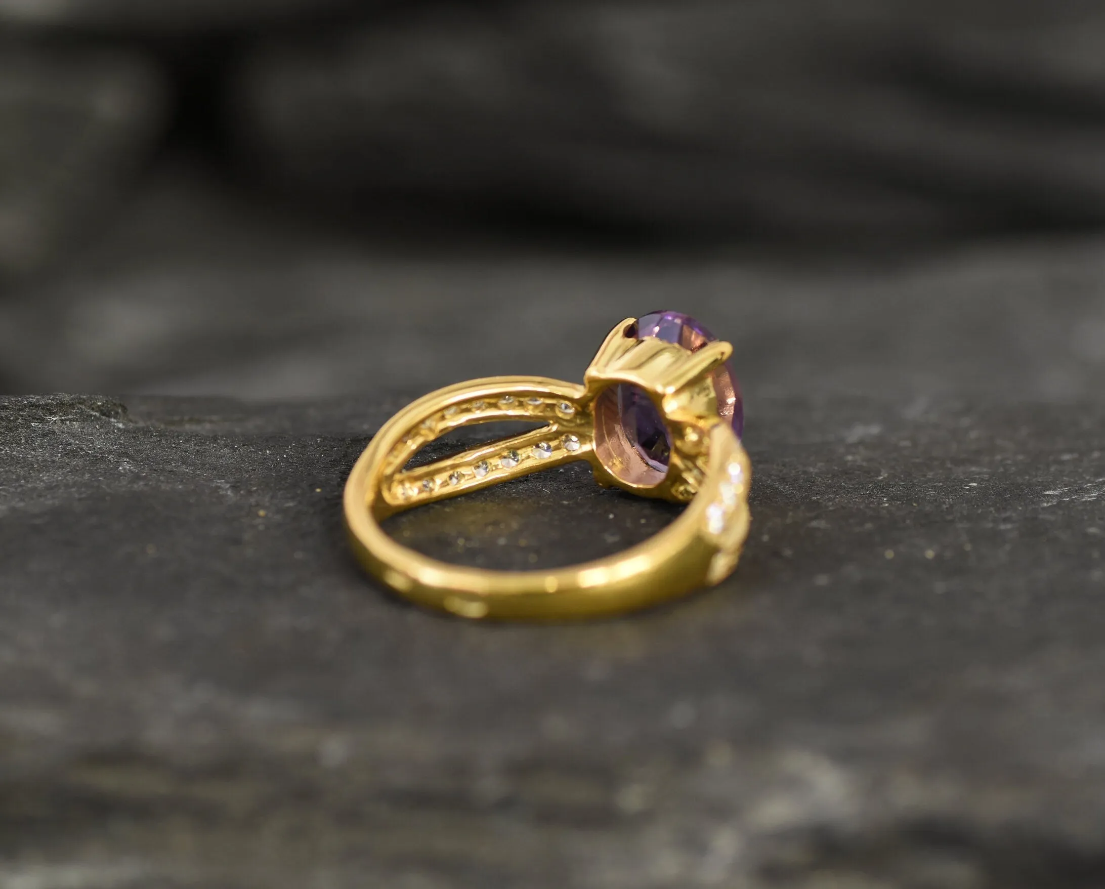 Gold Amethyst Ring - Vintage Amethyst Ring - Purple Solitaire Ring