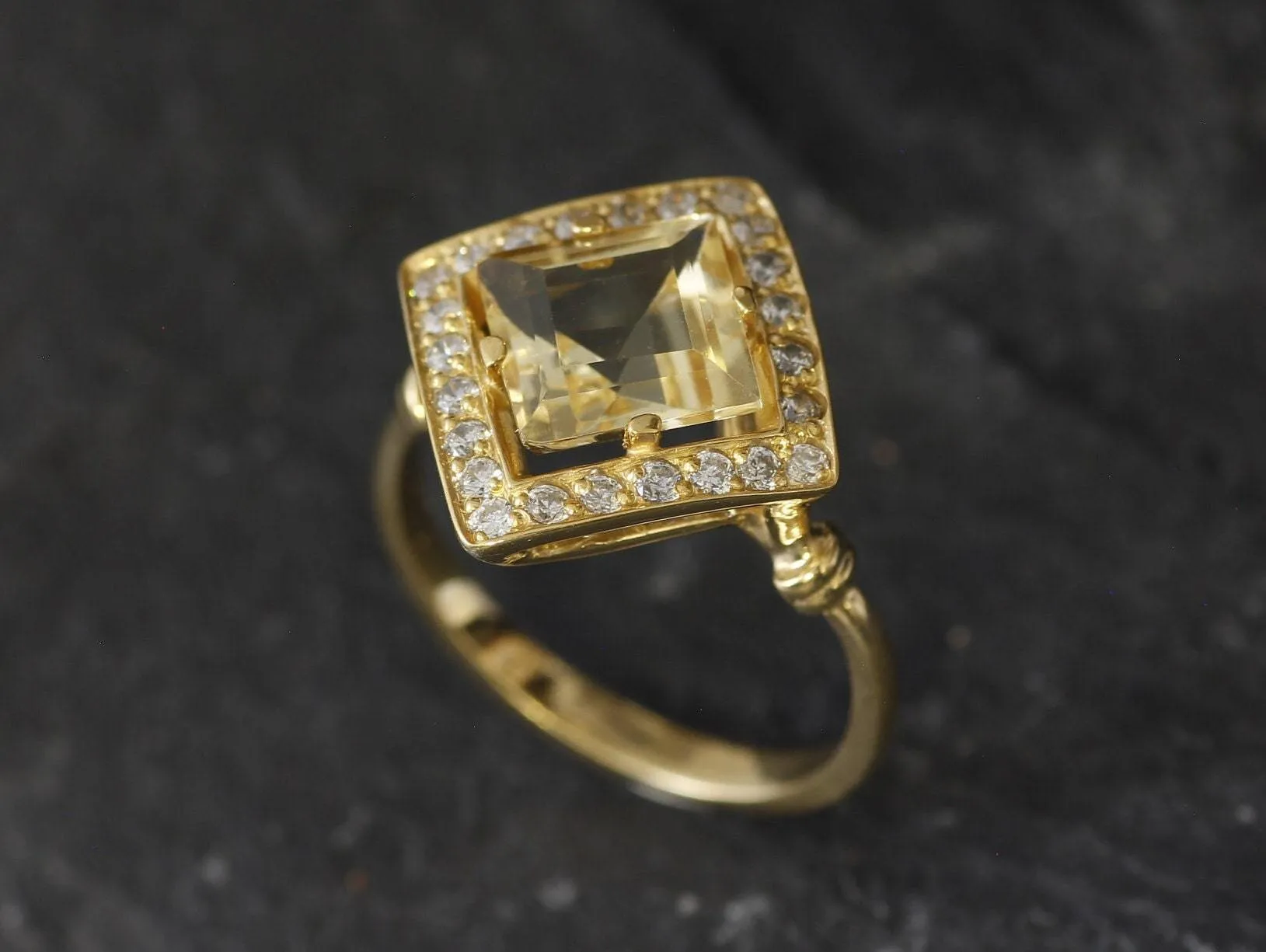 Gold Citrine Ring - Natural Citrine Ring, Yellow Square Ring