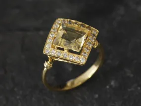Gold Citrine Ring - Natural Citrine Ring, Yellow Square Ring