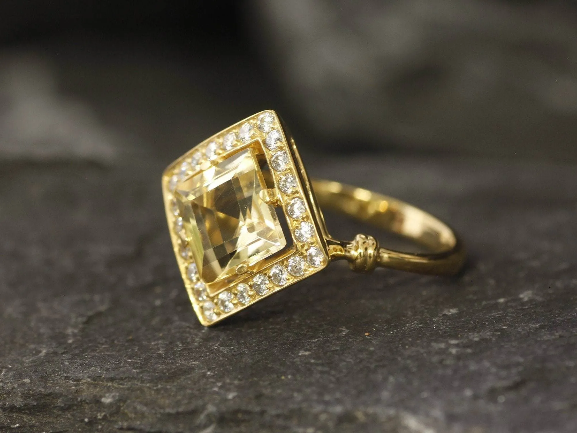 Gold Citrine Ring - Natural Citrine Ring, Yellow Square Ring