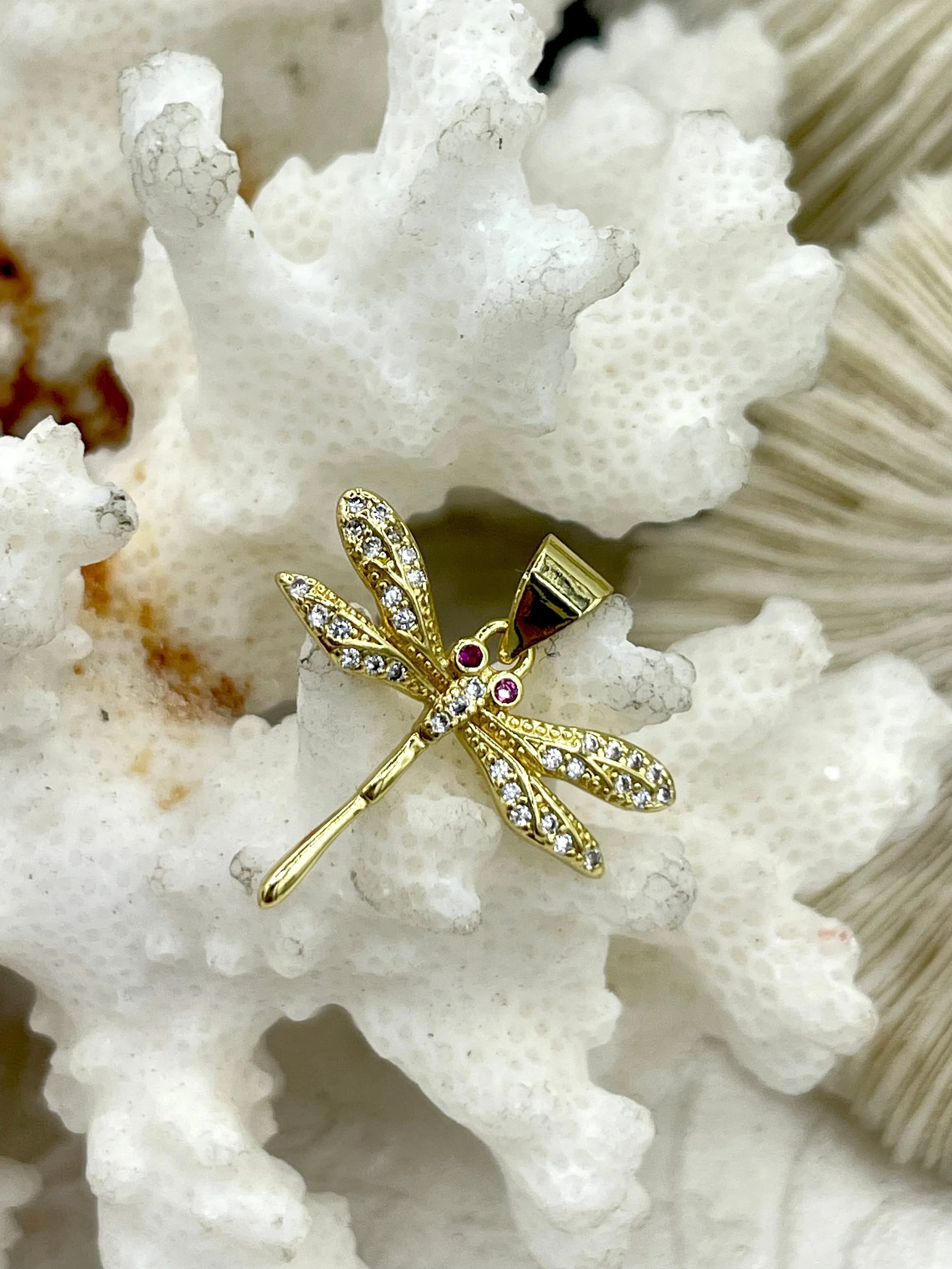 Gold Plated Brass & CZ Dragonfly Pendant, Dragonfly Charm. Gold Dragonfly Pendant with Cubic Zirconia, Red and Clear CZ, Fast Ship