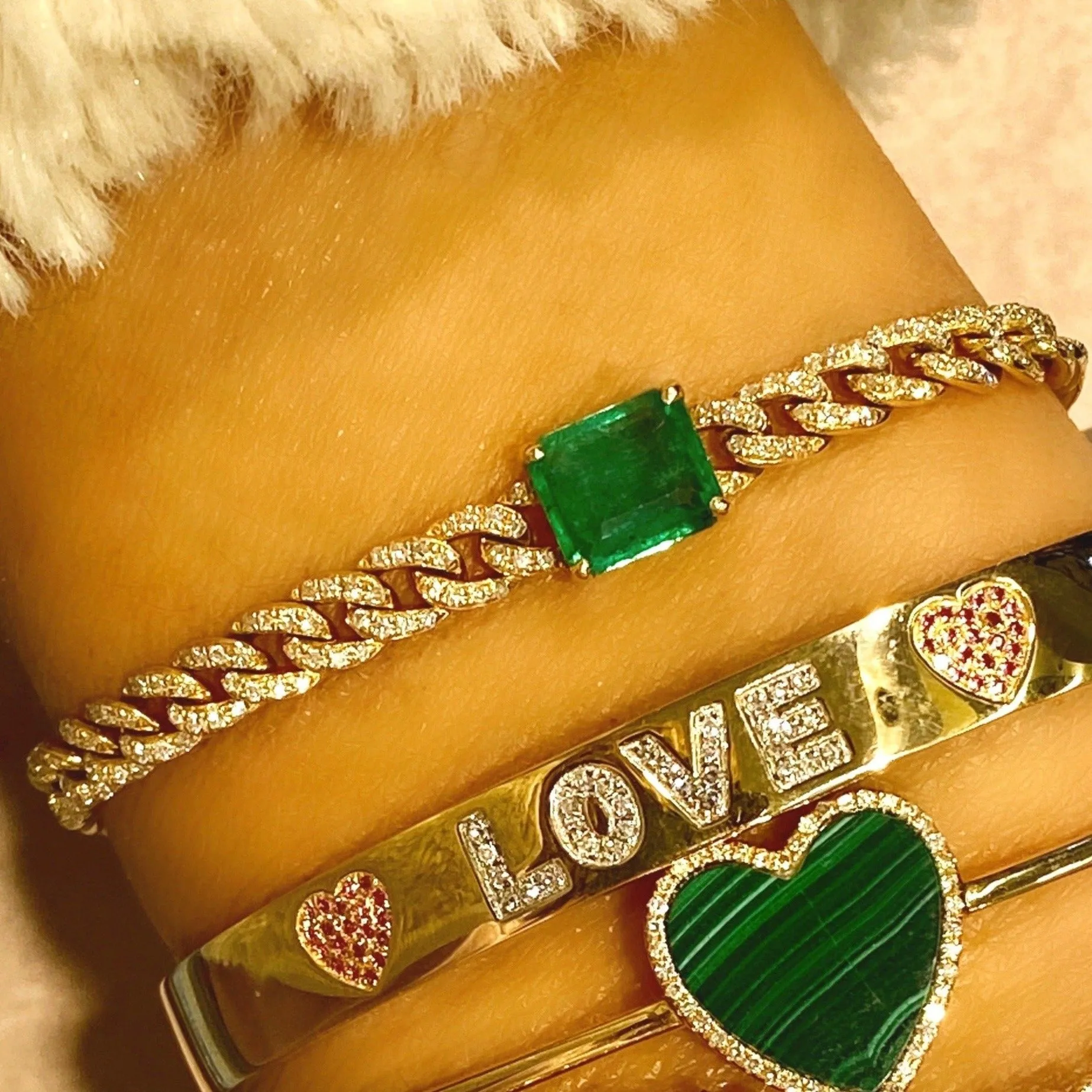 Green Emerald Diamond Pave Chain Bracelet