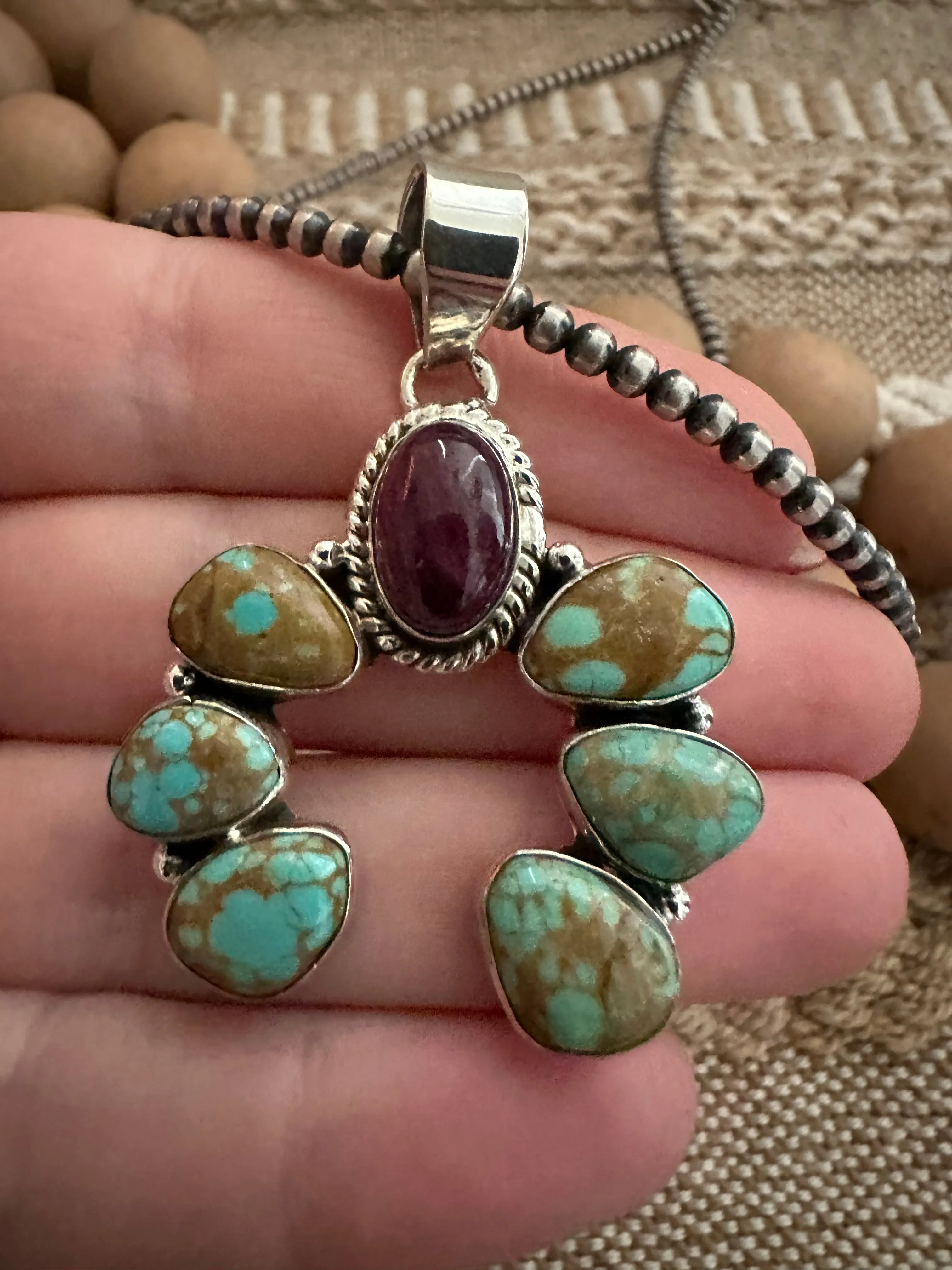 Handmade Turquoise, Purple Spiny & Sterling Silver Naja Pendant Signed Nizhoni