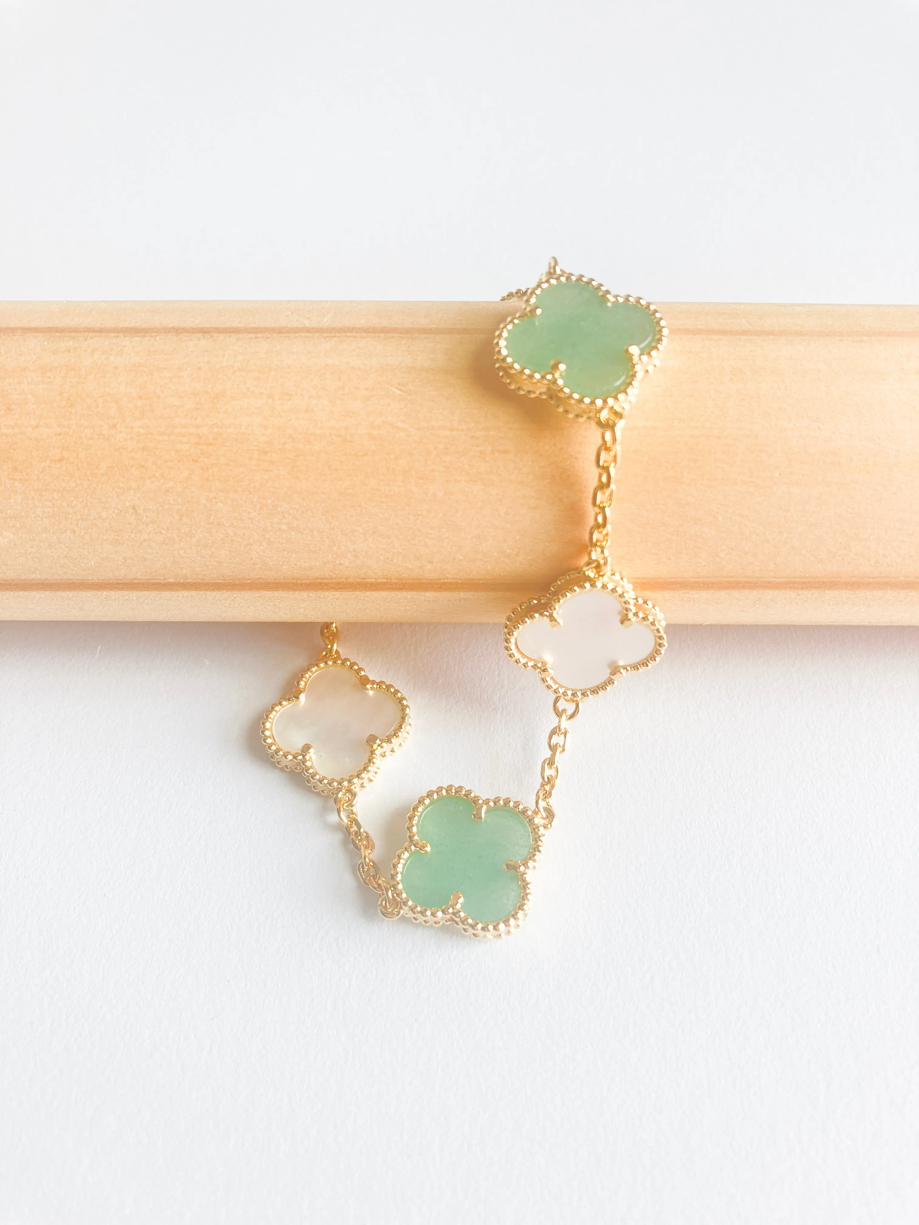 Jade and Mother of Pearl Quatrefoil Bracelet in Gold