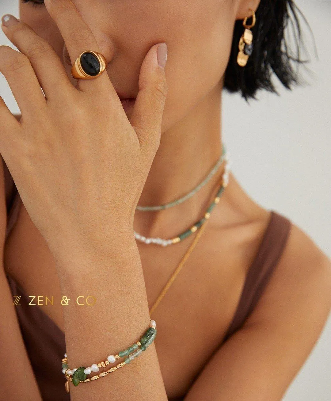 JADE Bohemian Green jade and pearl necklace and friendship bracelet