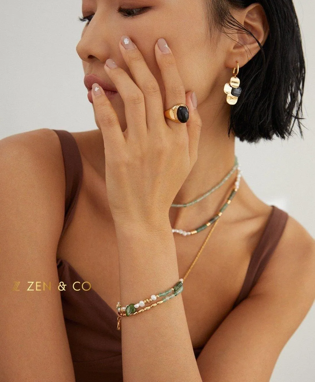 JADE Bohemian Green jade and pearl necklace and friendship bracelet