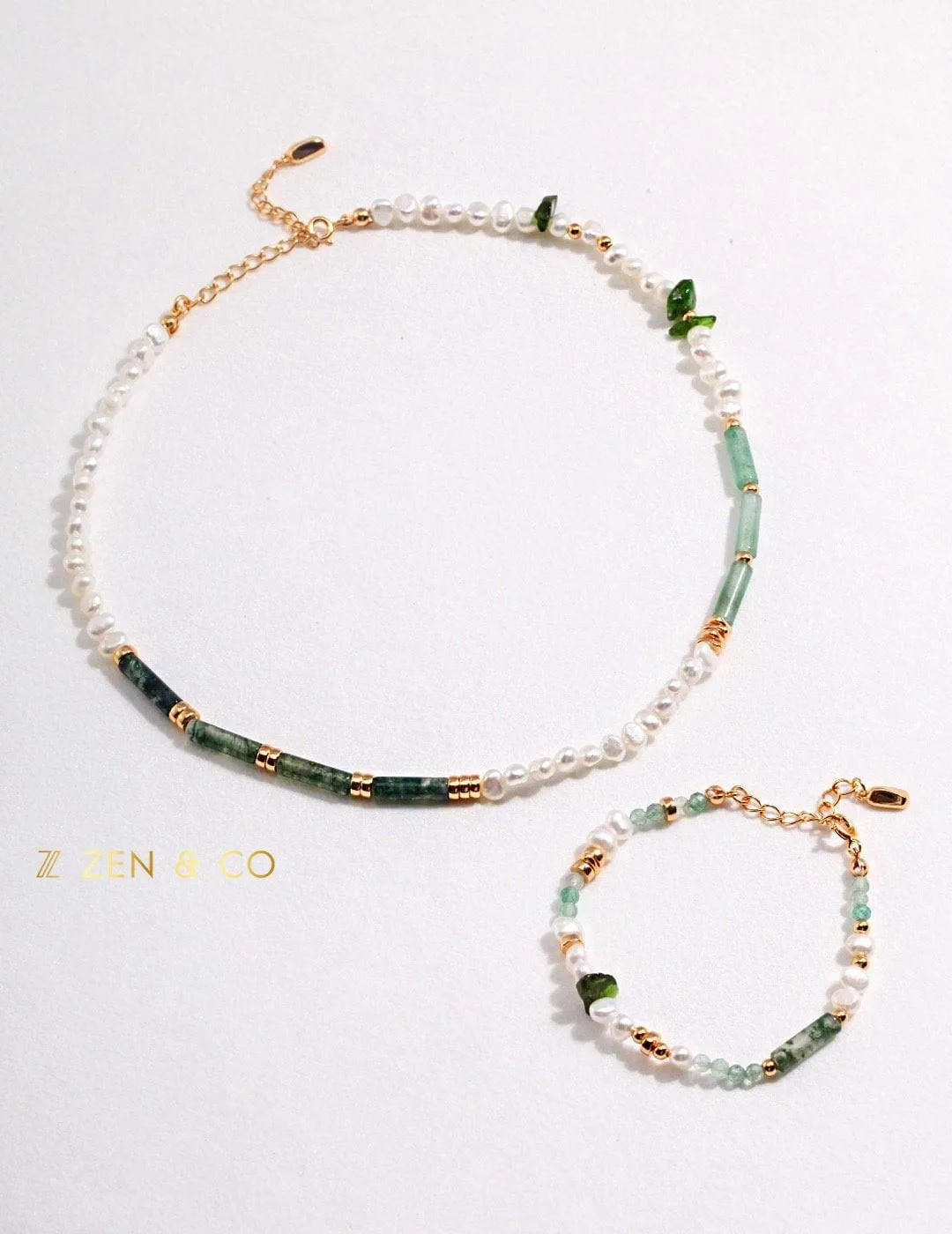 JADE Bohemian Green jade and pearl necklace and friendship bracelet