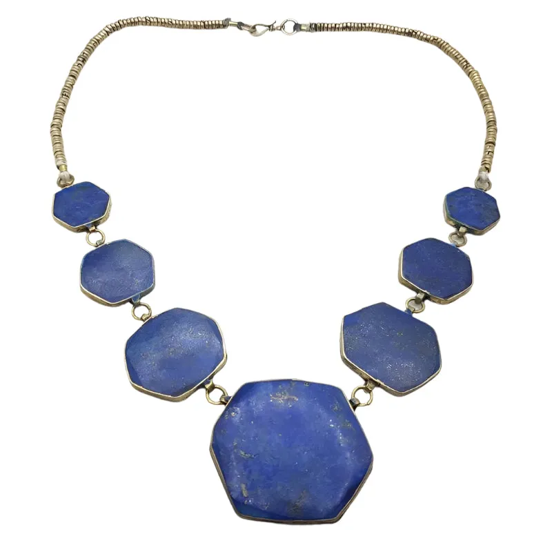 Lapis Tribal Stone Bib Chain Necklace, NLBT-01