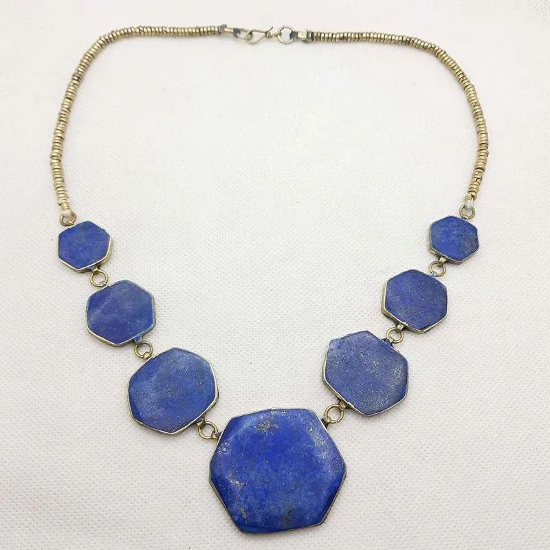 Lapis Tribal Stone Bib Chain Necklace, NLBT-01