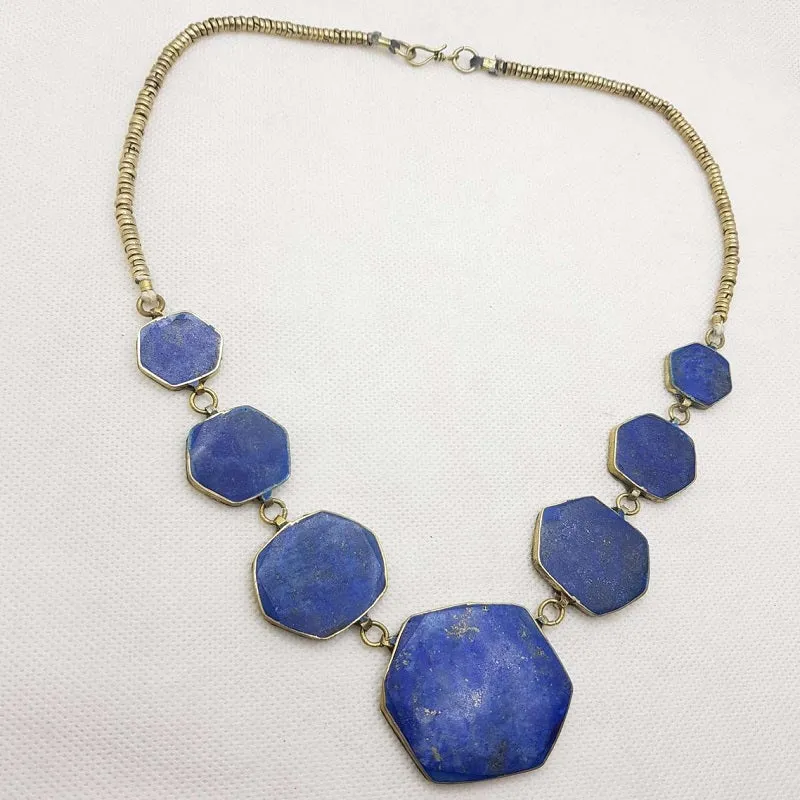 Lapis Tribal Stone Bib Chain Necklace, NLBT-01