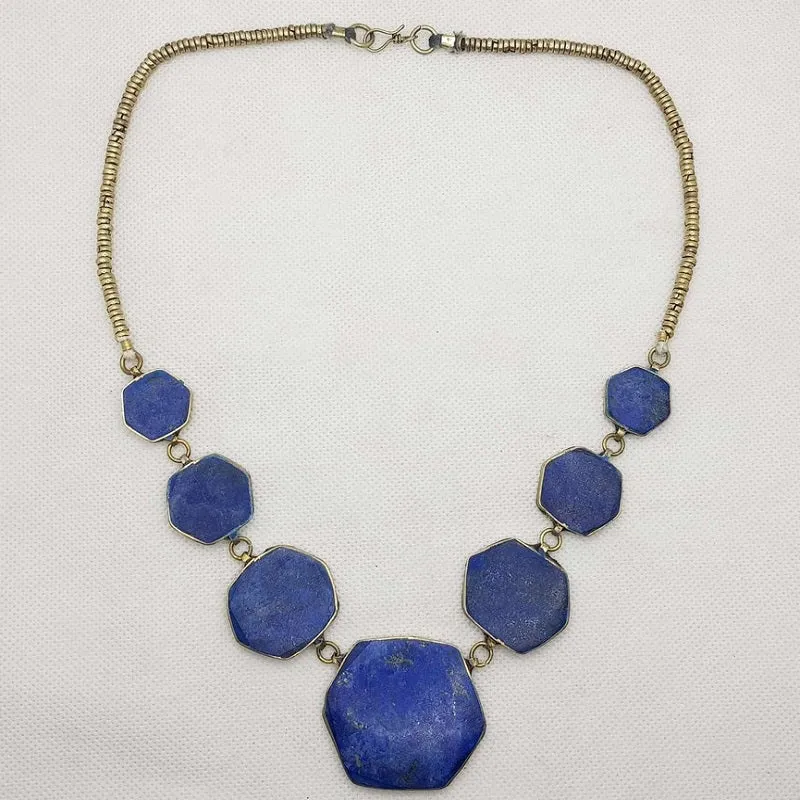 Lapis Tribal Stone Bib Chain Necklace, NLBT-01