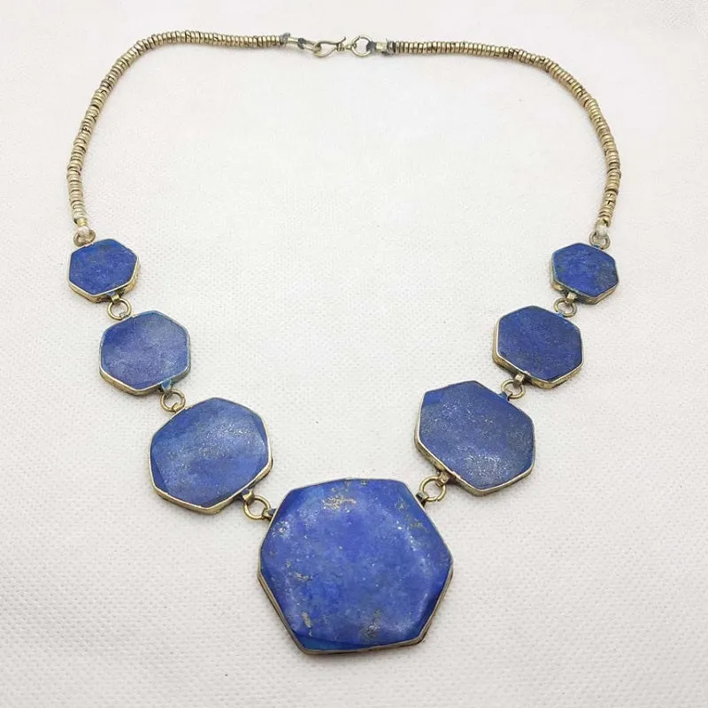 Lapis Tribal Stone Bib Chain Necklace, NLBT-01