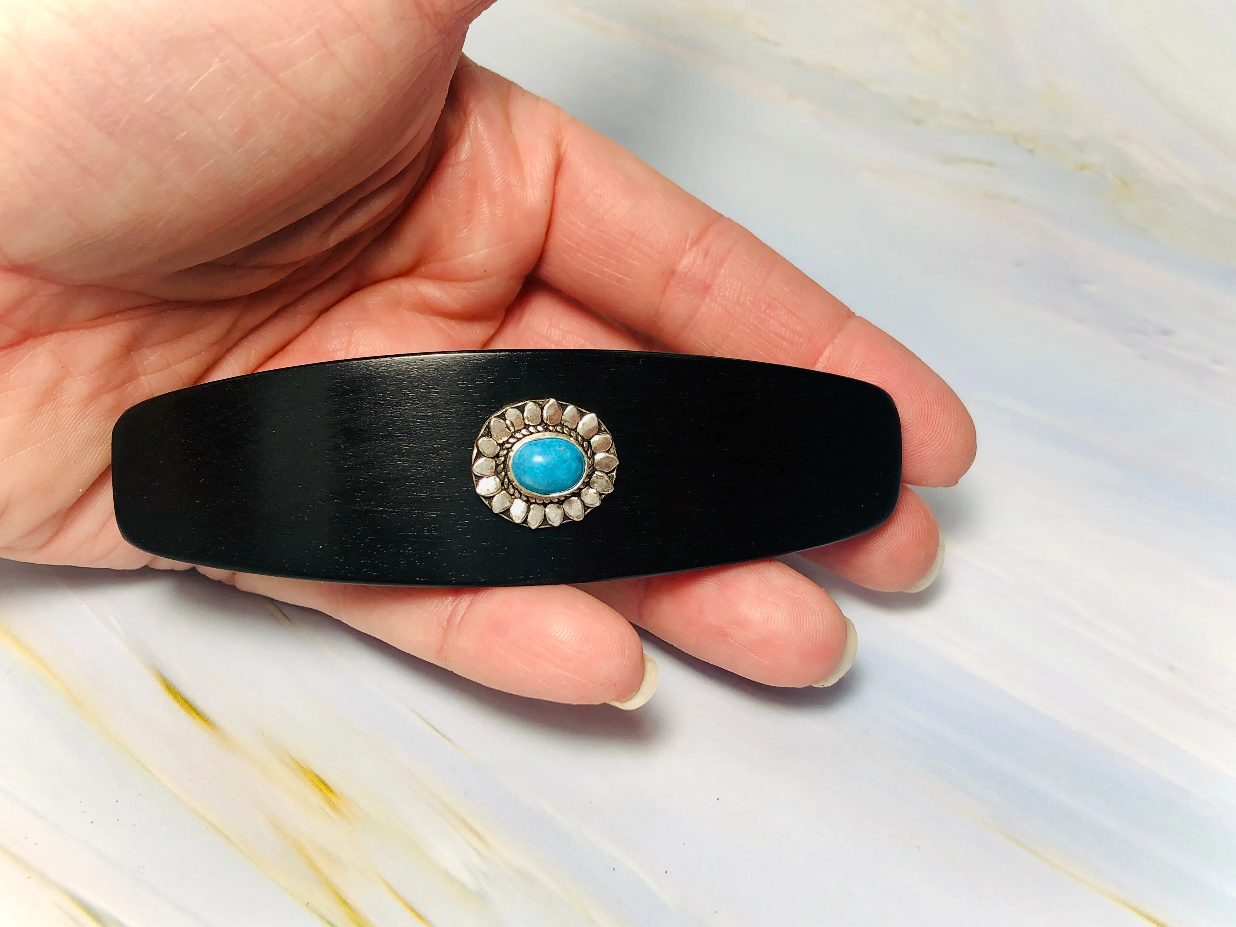 Large Turquoise Sun Sterling Silver barrette, Unique Ebony Gemstone Barrette