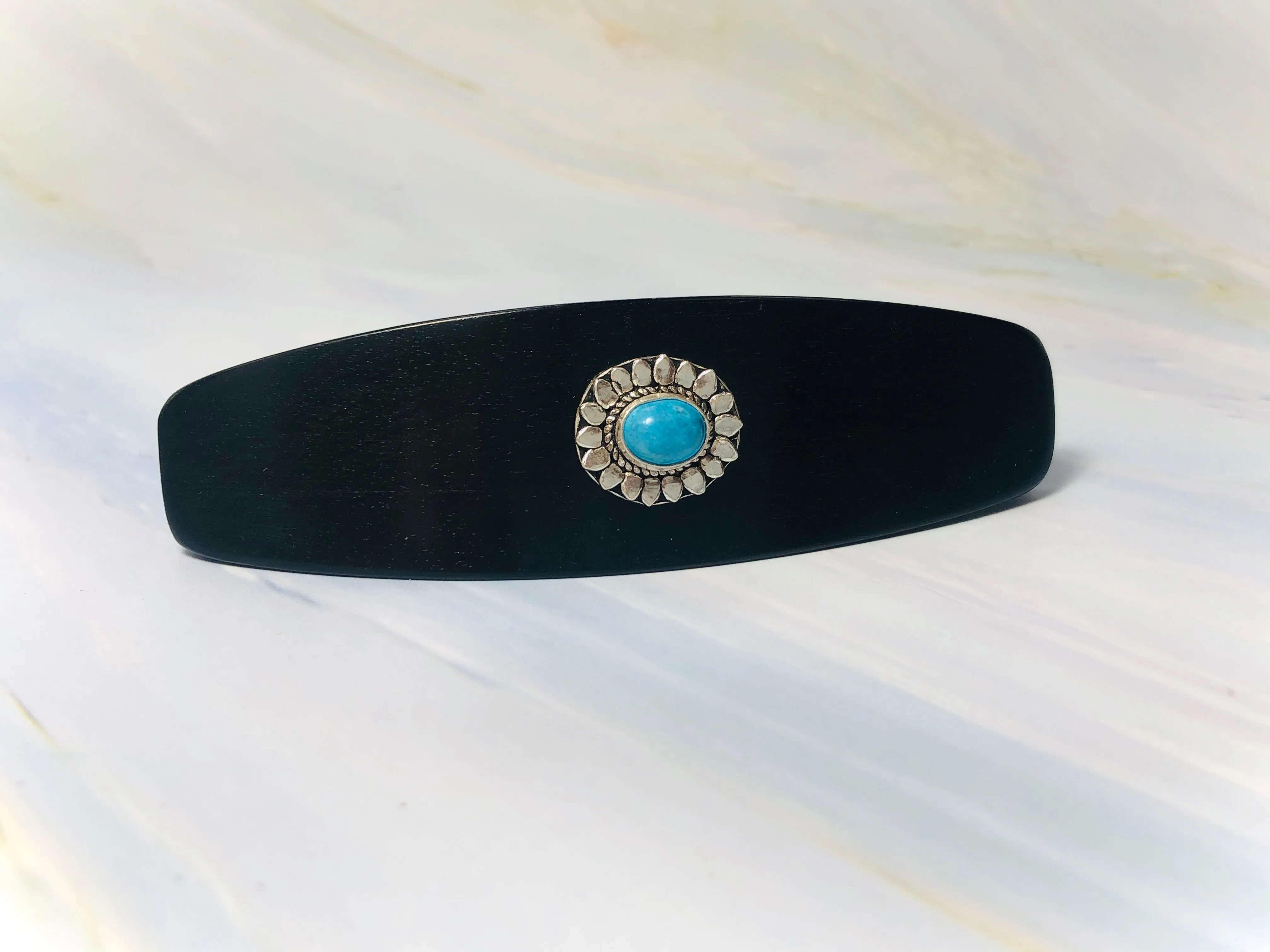 Large Turquoise Sun Sterling Silver barrette, Unique Ebony Gemstone Barrette