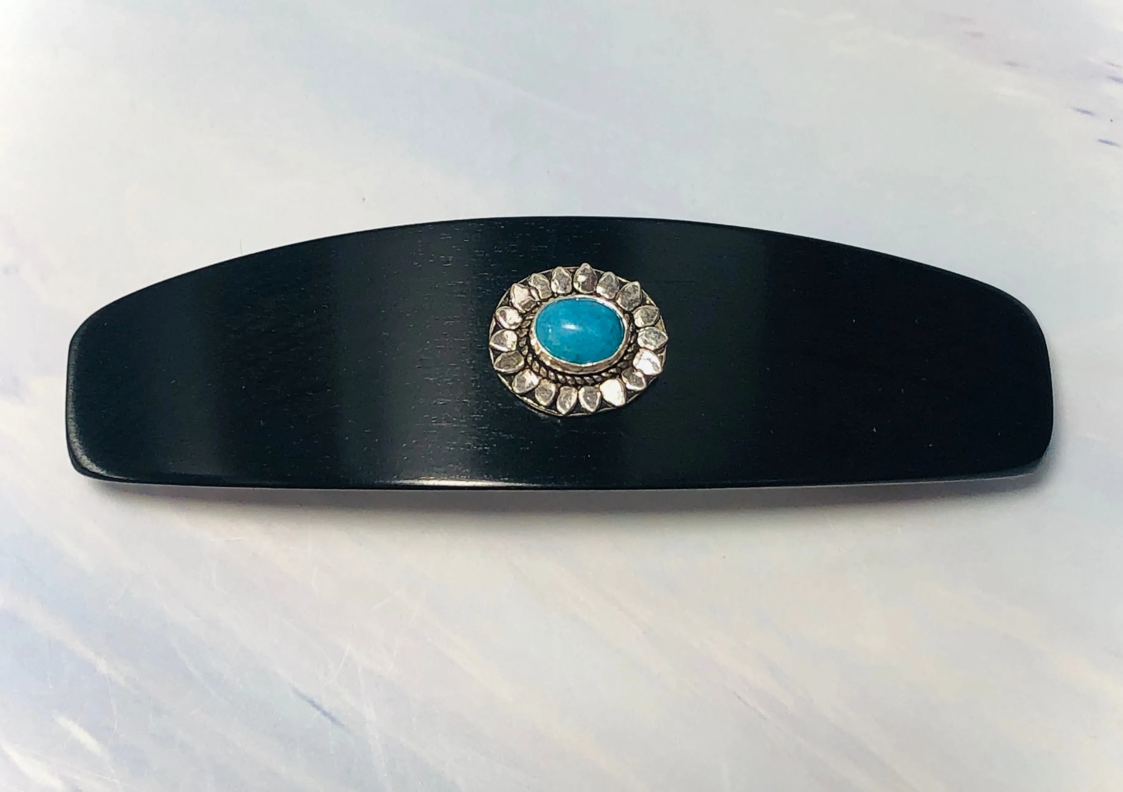 Large Turquoise Sun Sterling Silver barrette, Unique Ebony Gemstone Barrette