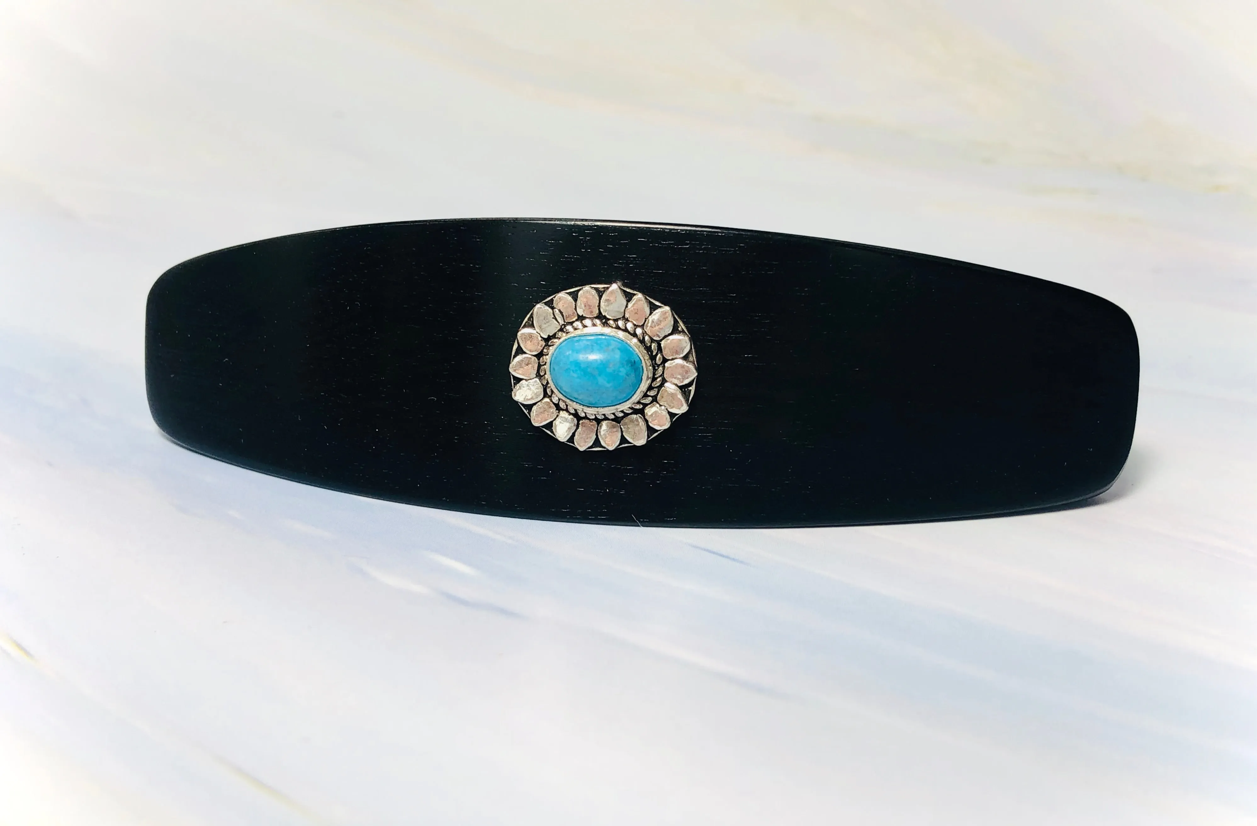 Large Turquoise Sun Sterling Silver barrette, Unique Ebony Gemstone Barrette