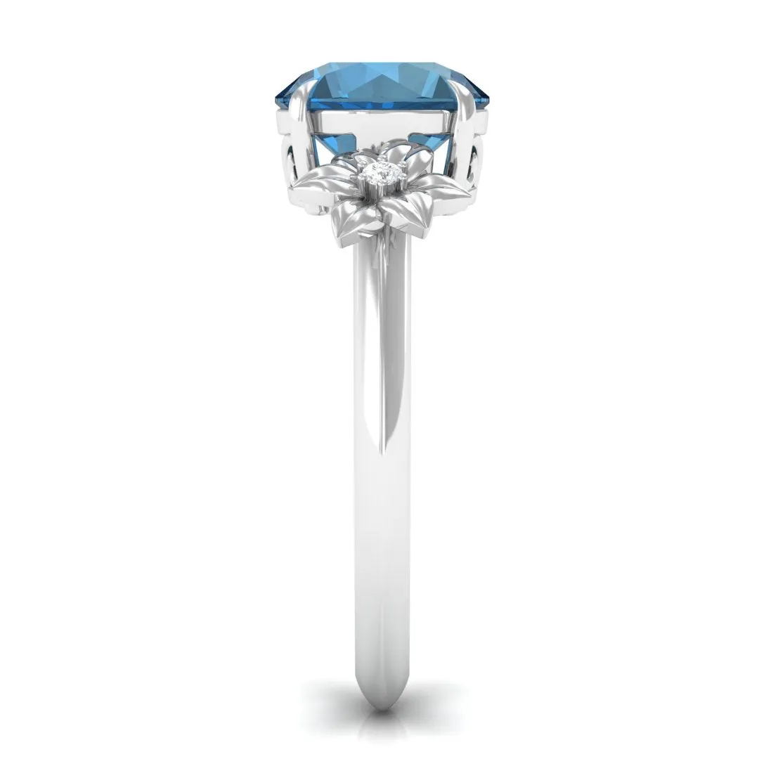London Blue Topaz Solitaire Flower Engagement Ring with Diamond