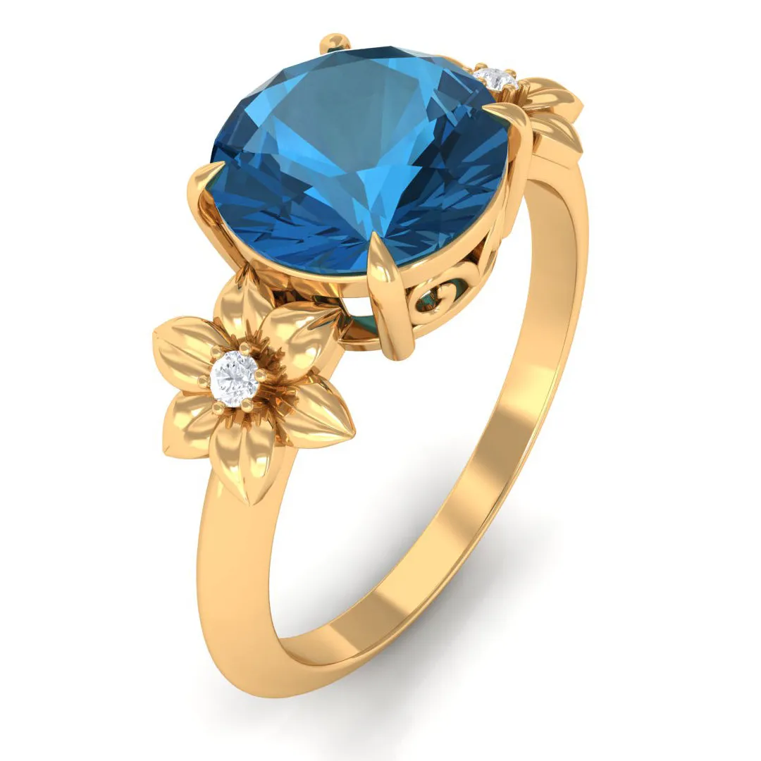 London Blue Topaz Solitaire Flower Engagement Ring with Diamond