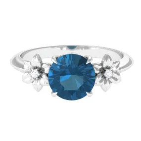 London Blue Topaz Solitaire Flower Engagement Ring with Diamond