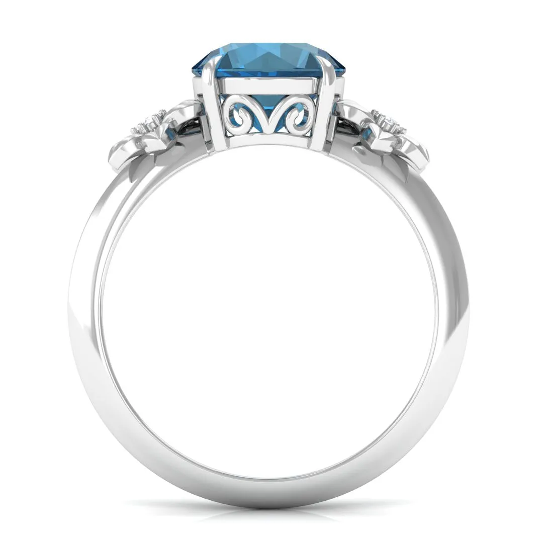 London Blue Topaz Solitaire Flower Engagement Ring with Diamond