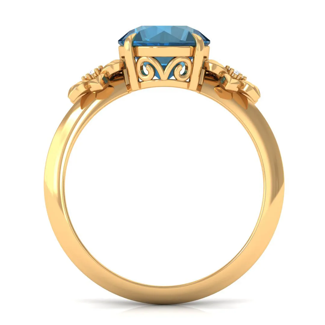 London Blue Topaz Solitaire Flower Engagement Ring with Diamond