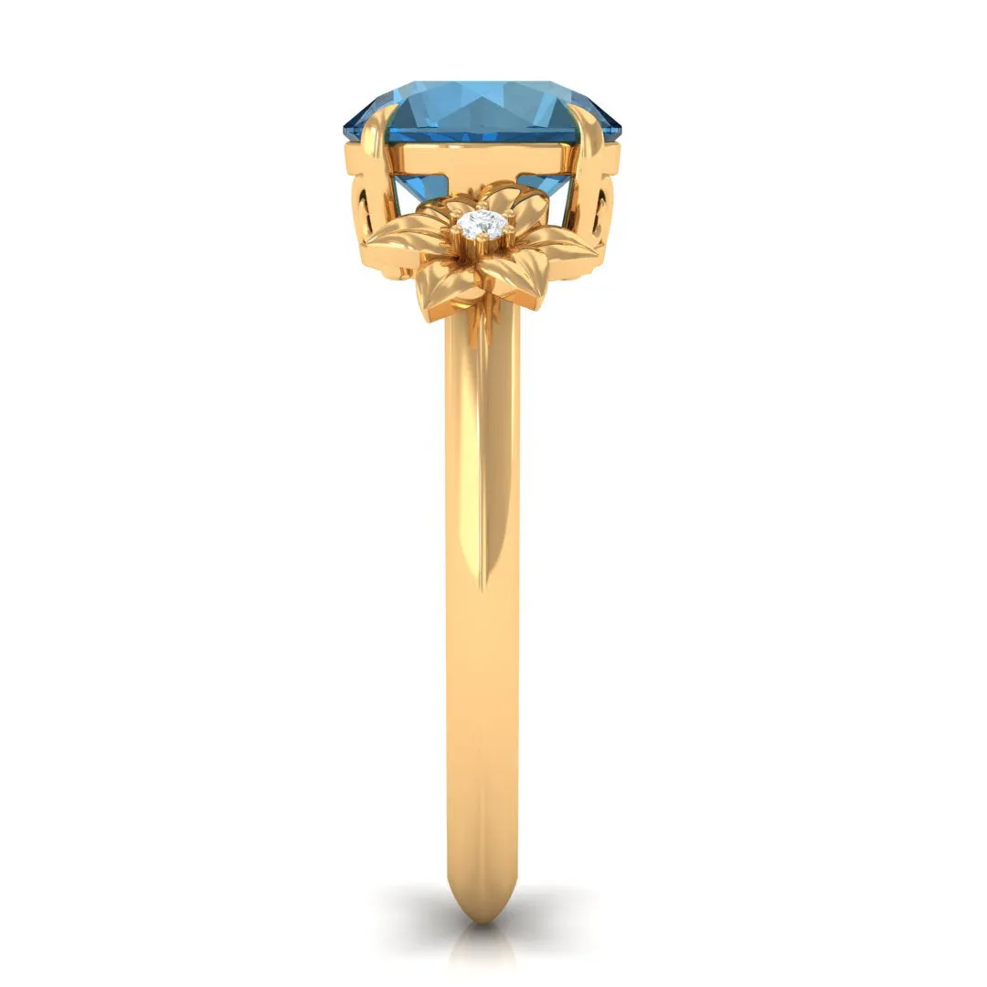 London Blue Topaz Solitaire Flower Engagement Ring with Diamond