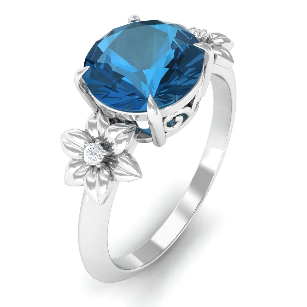 London Blue Topaz Solitaire Flower Engagement Ring with Diamond
