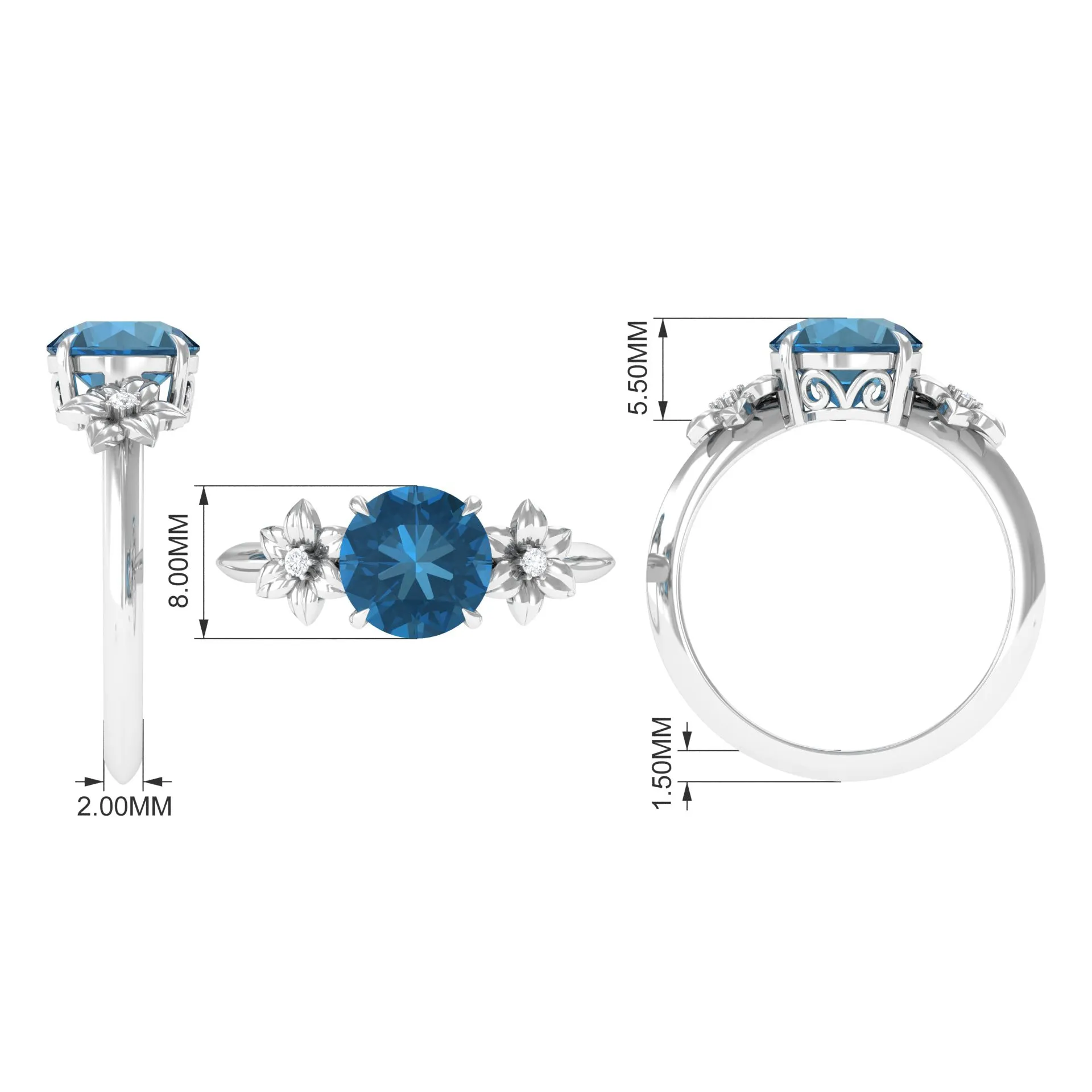 London Blue Topaz Solitaire Flower Engagement Ring with Diamond