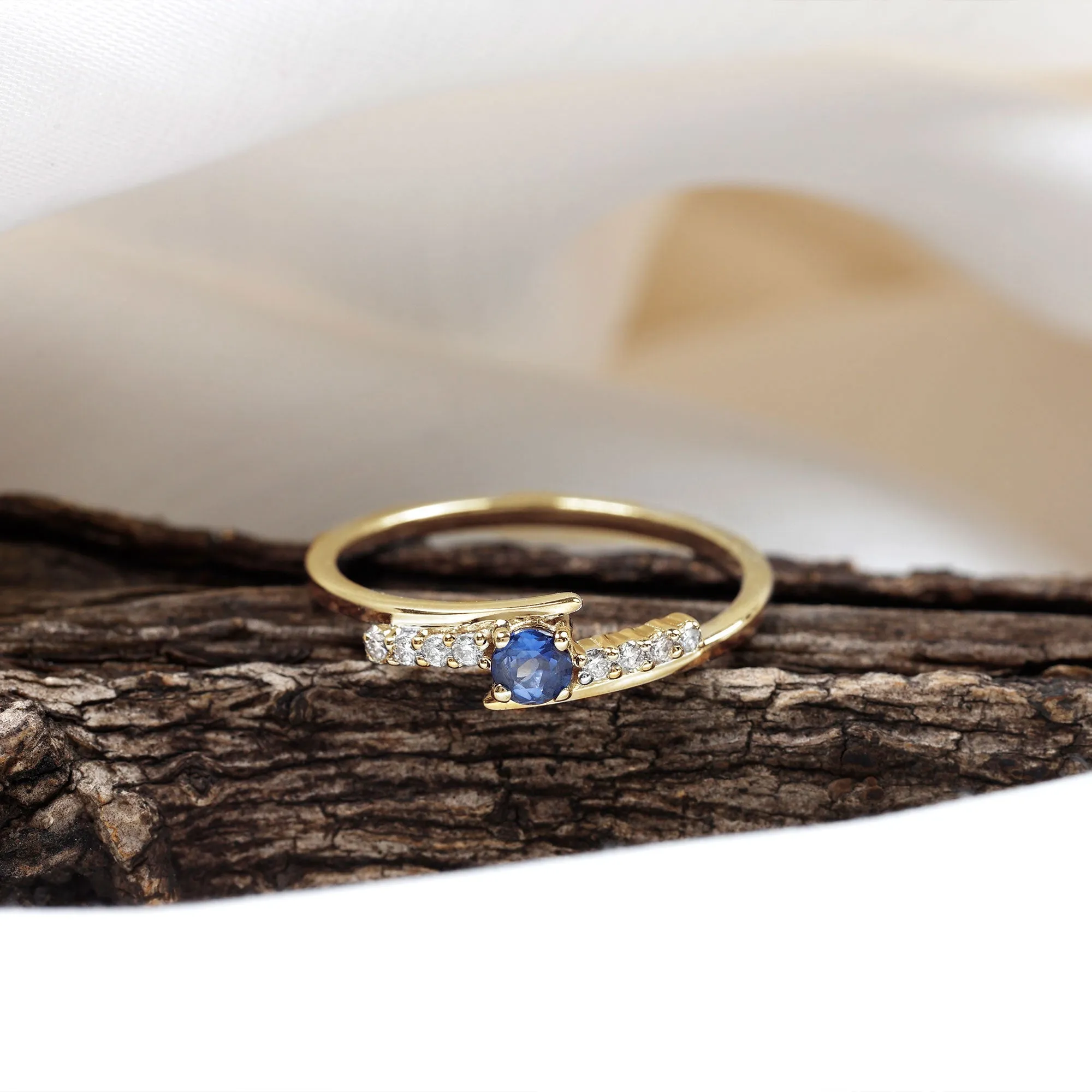 Minimal Round Blue Sapphire and Diamond Bypass Promise Ring
