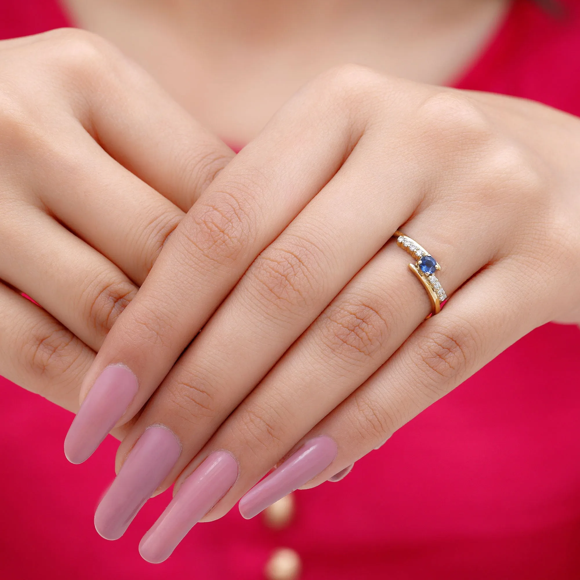 Minimal Round Blue Sapphire and Diamond Bypass Promise Ring